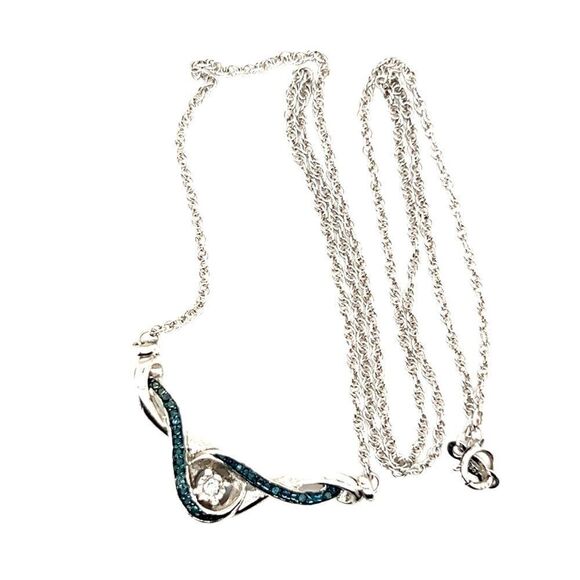 925 Sterling Silver Blue/White Diamonds Necklace - Picture 5 of 9